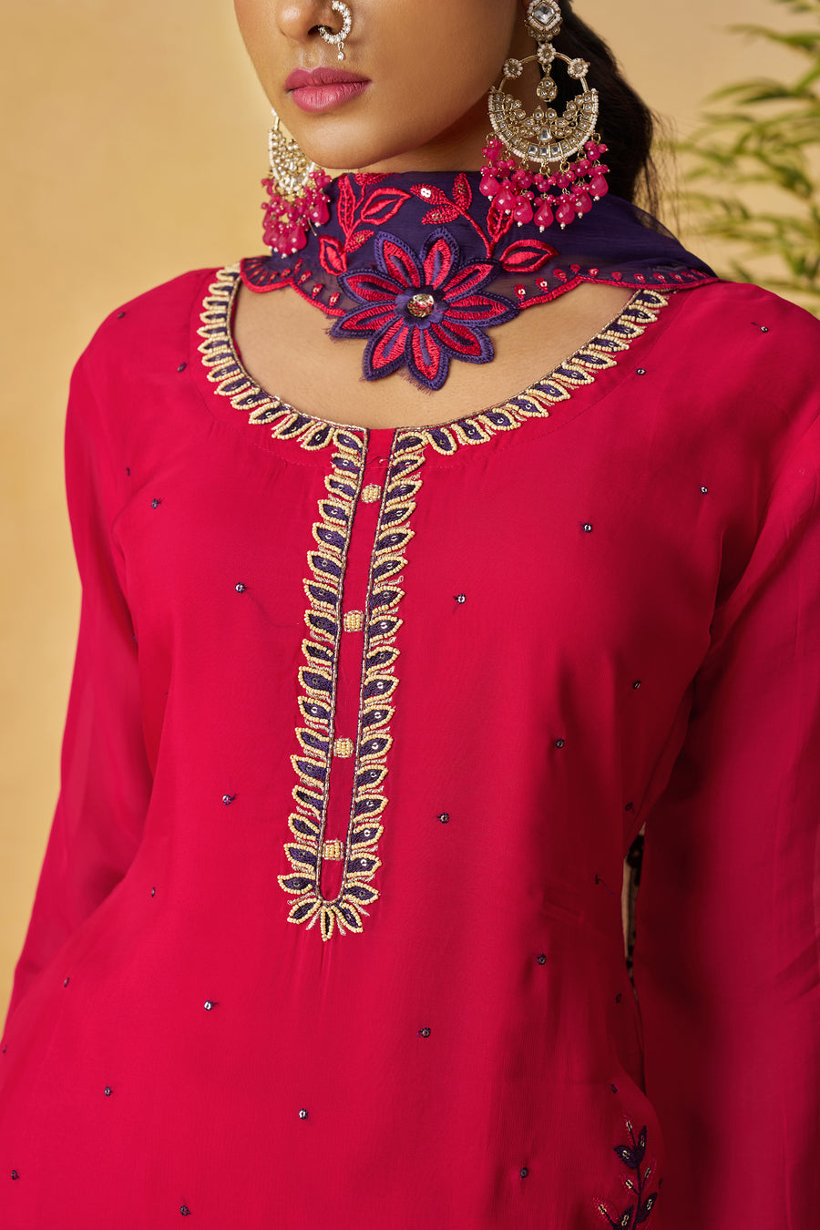 Red Organza Sharara Suit For Indian & Pakistani Wedding Festival - Thread Embroidery Work