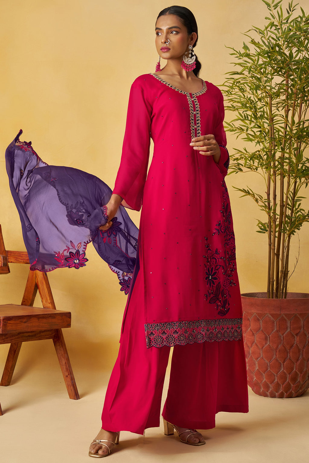 Red Organza Sharara Suit For Indian & Pakistani Wedding Festival - Thread Embroidery Work