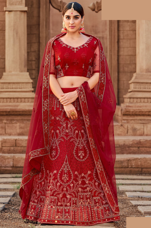 Red Pakistani Net Lehenga Choli For Indian Festivals & Weddings - Thread Embroidery Work, Mirror Work, Zari Work