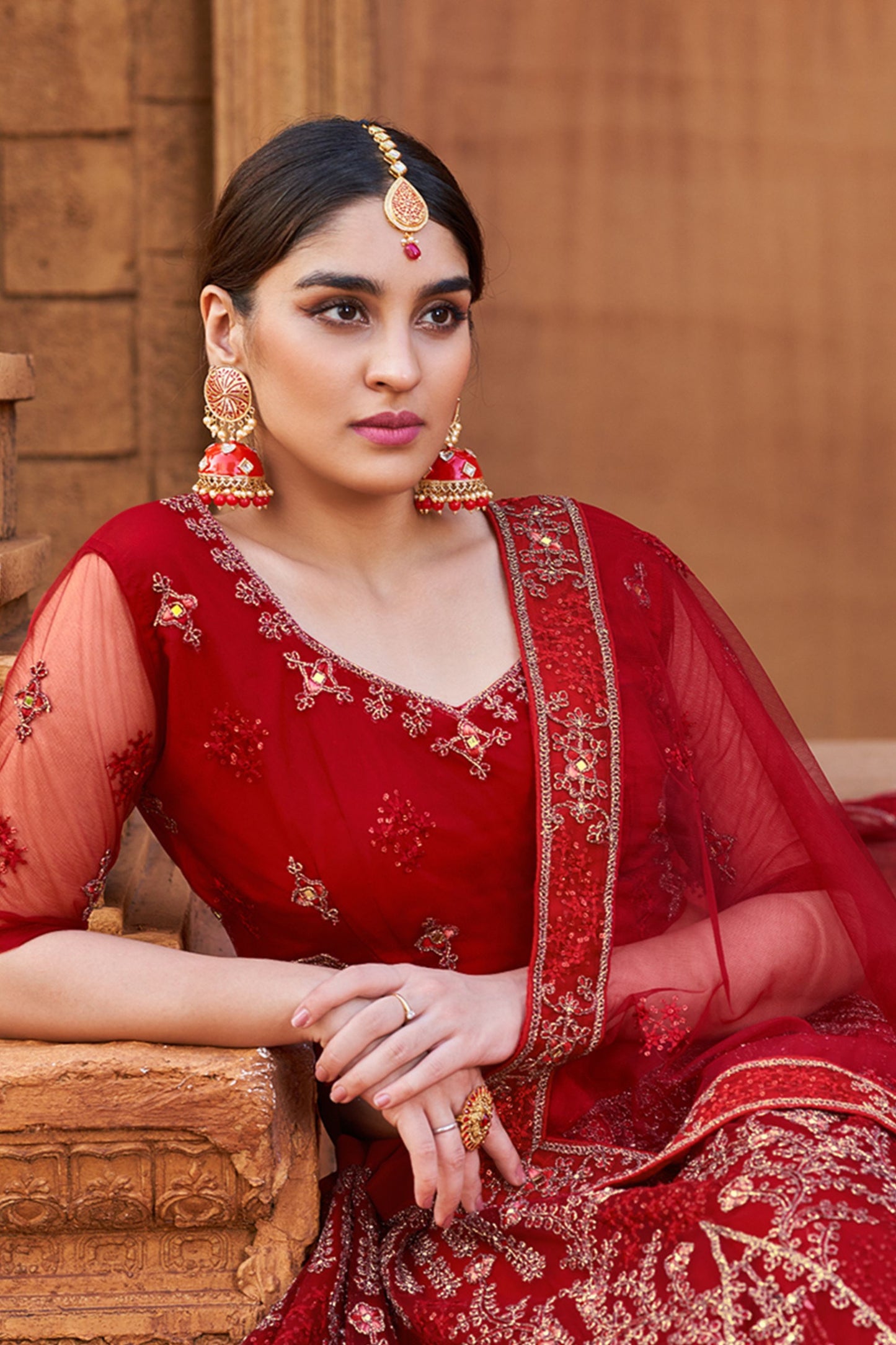 Red Pakistani Net Lehenga Choli For Indian Festivals & Weddings - Thread Embroidery Work, Mirror Work, Zari Work