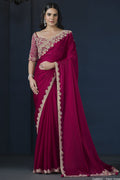Red Satin Silk Saree With Stitched Blouse For Indian & Pakistani Wedding Festival - Sequence Embroidery Work, Hand Work