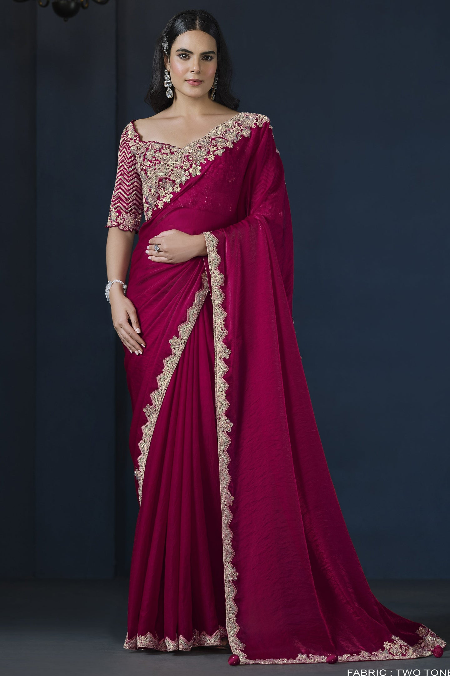 Red Satin Silk Saree With Stitched Blouse For Indian & Pakistani Wedding Festival - Sequence Embroidery Work, Hand Work