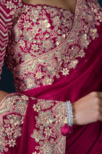 Red Satin Silk Saree With Stitched Blouse For Indian & Pakistani Wedding Festival - Sequence Embroidery Work, Hand Work