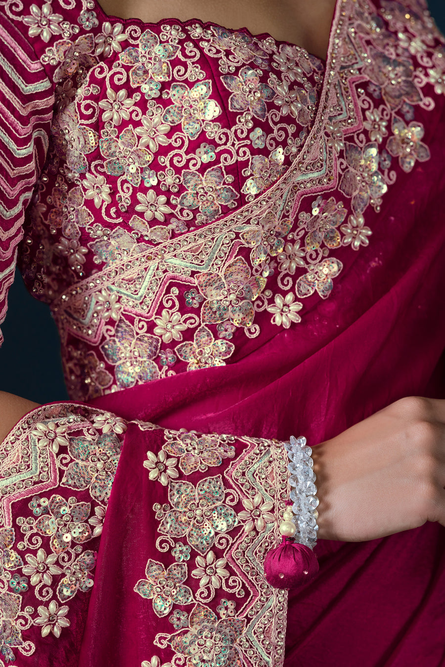 Red Satin Silk Saree With Stitched Blouse For Indian & Pakistani Wedding Festival - Sequence Embroidery Work, Hand Work