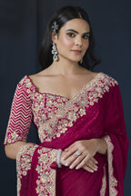 Red Satin Silk Saree With Stitched Blouse For Indian & Pakistani Wedding Festival - Sequence Embroidery Work, Hand Work