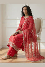 Red Simmer Organza Kameez With Pant For Indian & Pakistani Wedding Festival - Embroidery Work