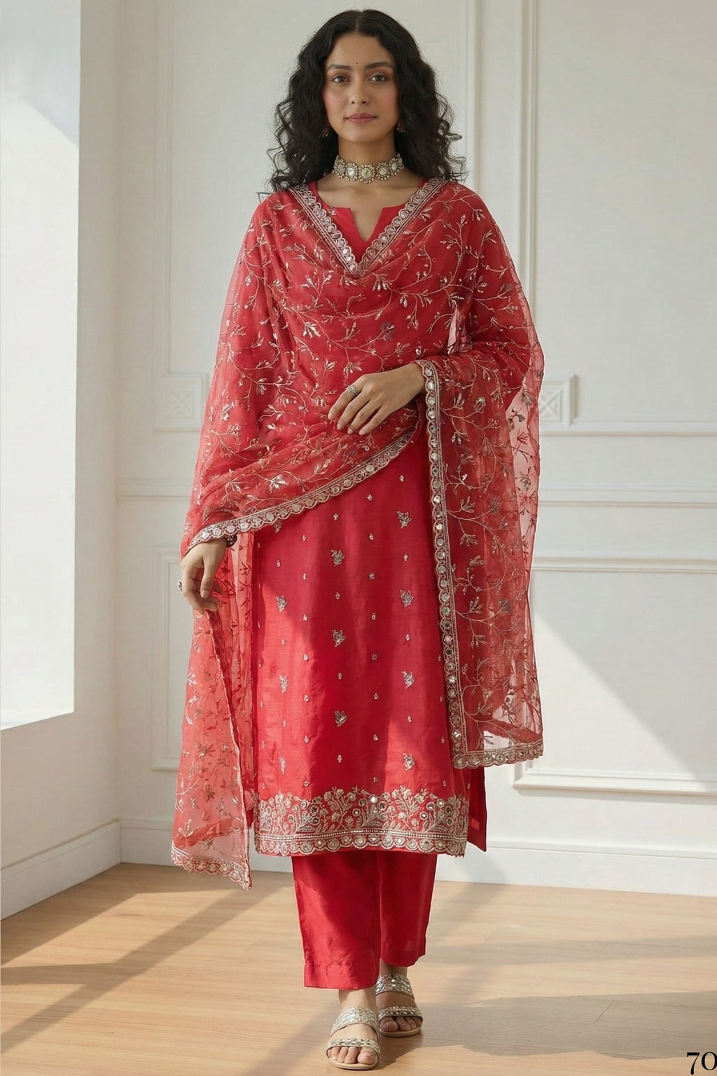 Red Simmer Organza Kameez With Pant For Indian & Pakistani Wedding Festival - Embroidery Work