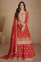 Red Chinon Silk Plazo Suit for Women with Mirror Work