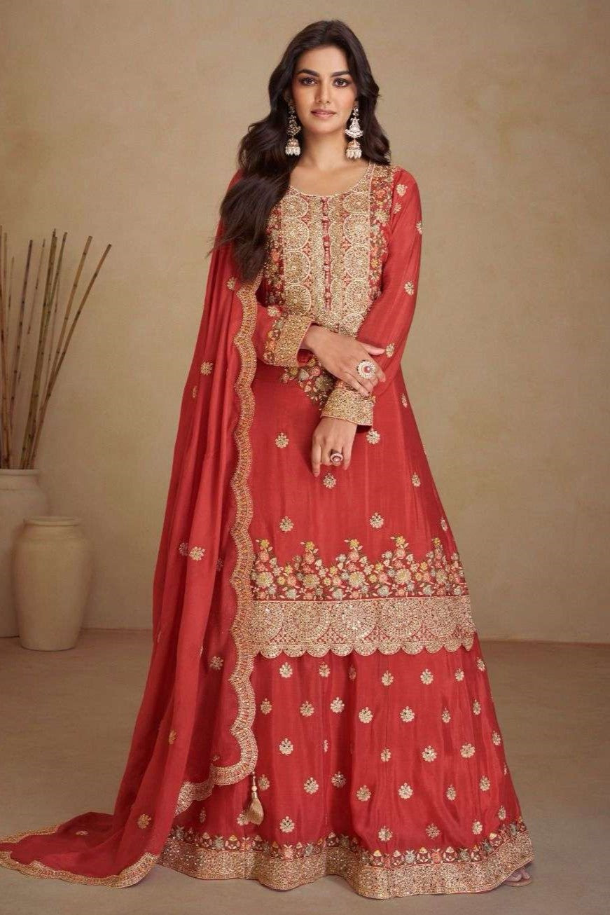 Red Chinon Silk Plazo Suit for Women with Mirror Work