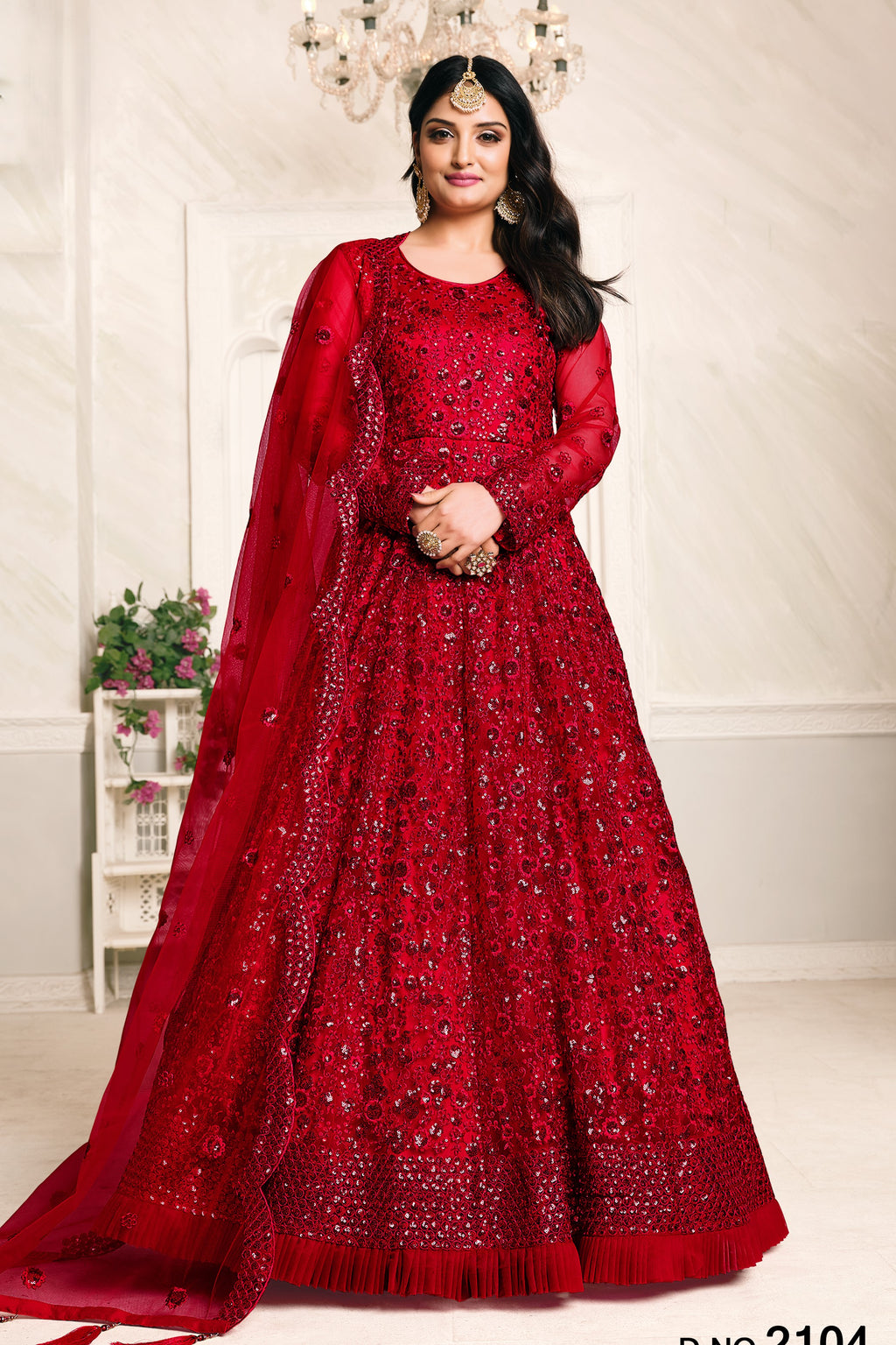 Red Net Sequins Embroidery Anarkali Outfits for Mehndi