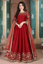 Red Chinon Silk Anarkali Indian Party Wear Dresses with Thread Embroidery Work