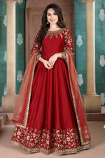 Red Chinon Silk Anarkali Indian Party Wear Dresses with Thread Embroidery Work