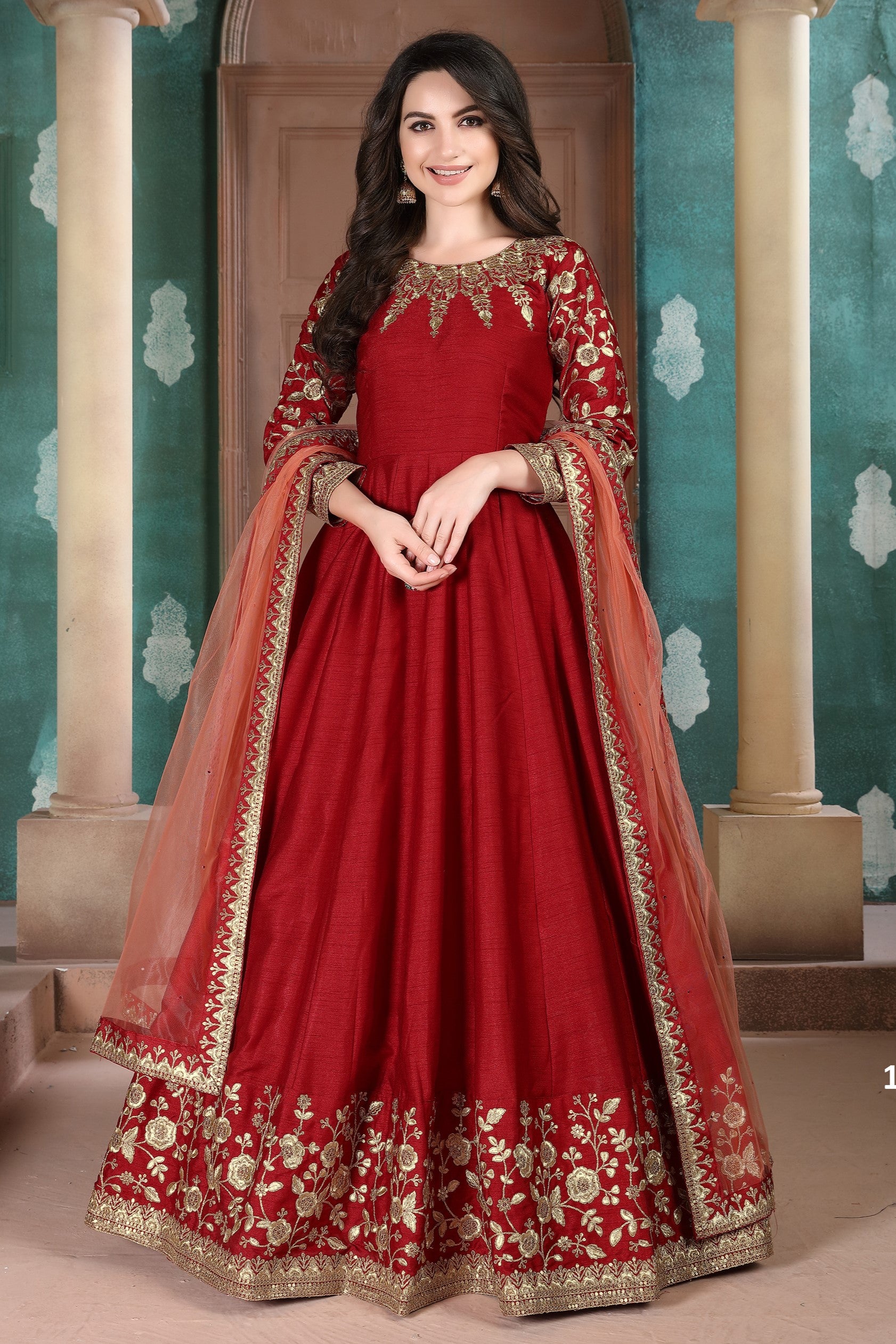 Red Chinon Silk Anarkali Indian Party Wear Dresses with Thread Embroidery Work