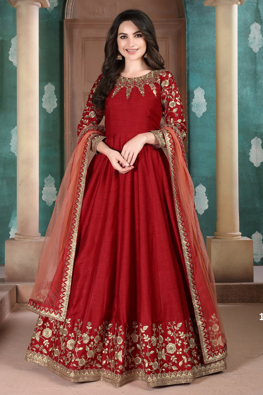 Red Chinon Silk Anarkali Indian Party Wear Dresses with Thread Embroidery Work