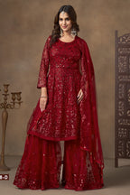 Red Net Palazzo with Thread and Sequins Work for Sangeet Outfits for Women