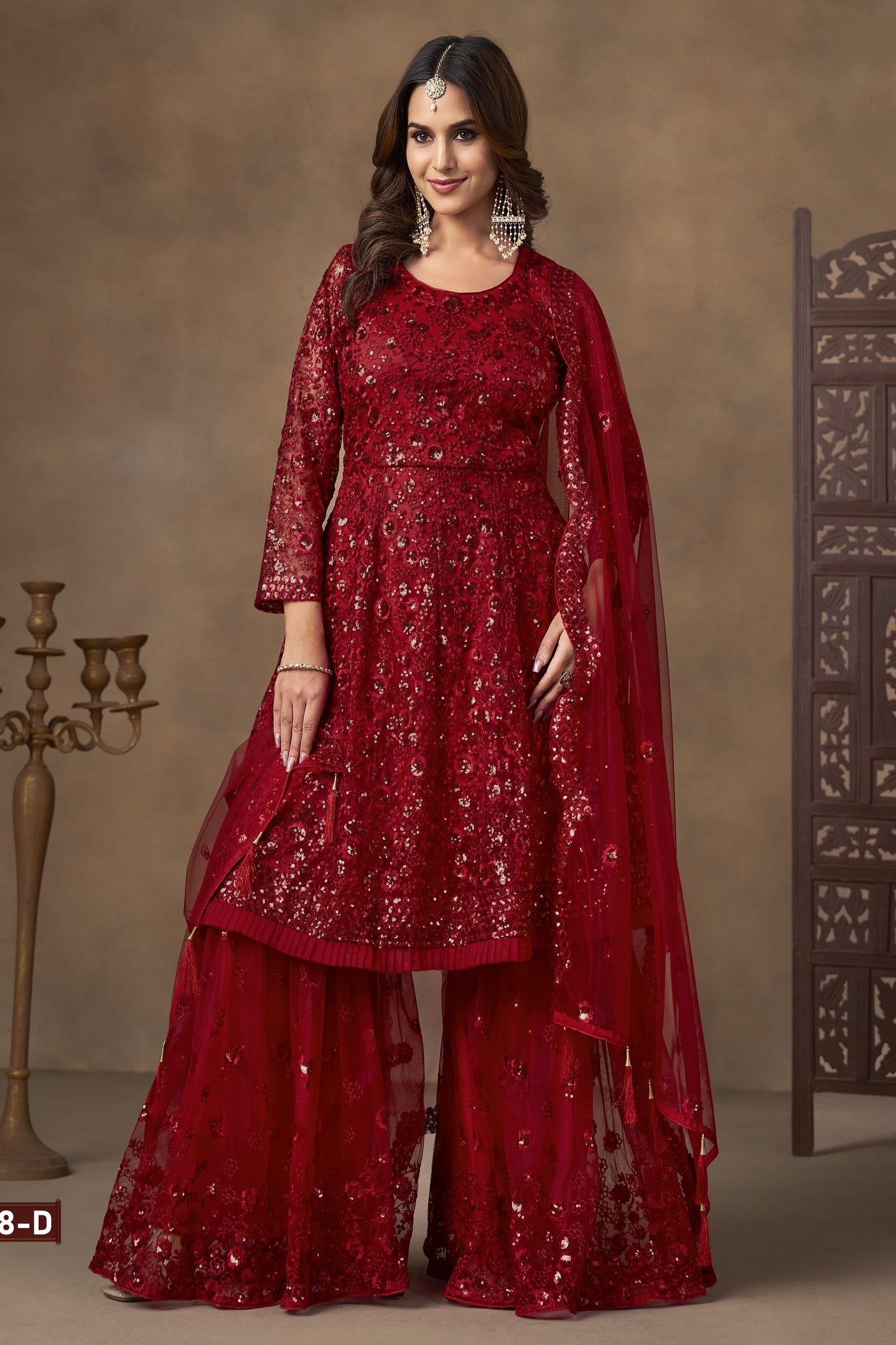 Red Net Palazzo with Thread and Sequins Work for Sangeet Outfits for Women