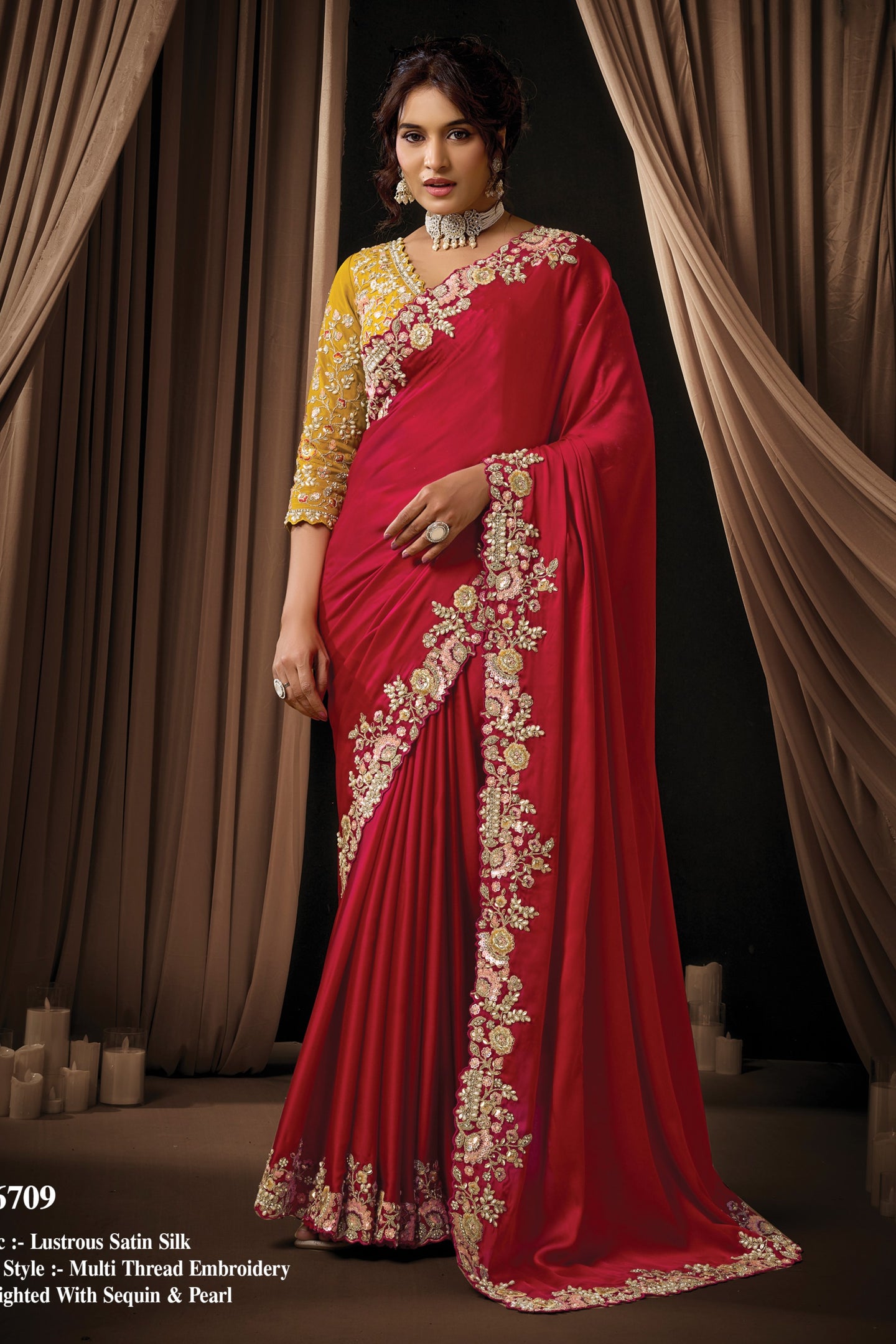 Red Satin Embroidery Saree for Wedding Guest - Thread Sequins Work