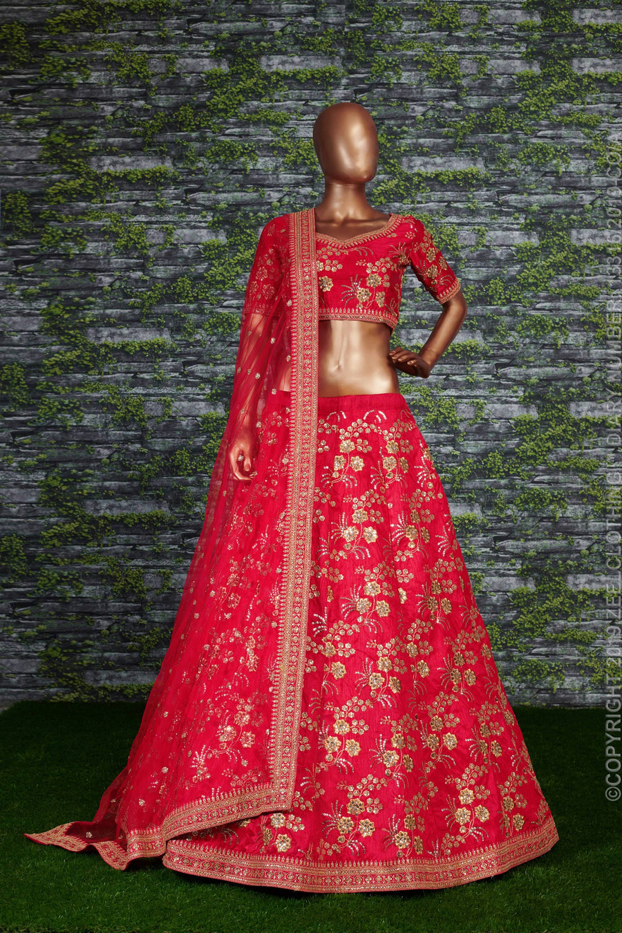 Red Slub Silk Lehenga Choli For Indian Festivals & Pakistani Weddings Dress - Sequence Embroidery Work, Zari Work