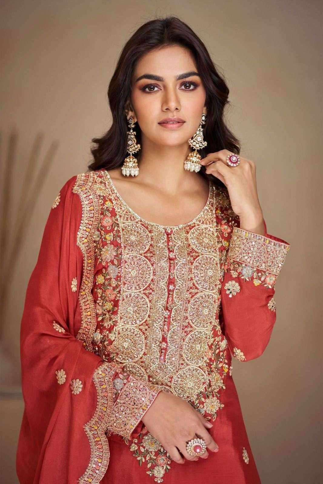 Red Chinon Silk Plazo Suit for Women with Mirror Work