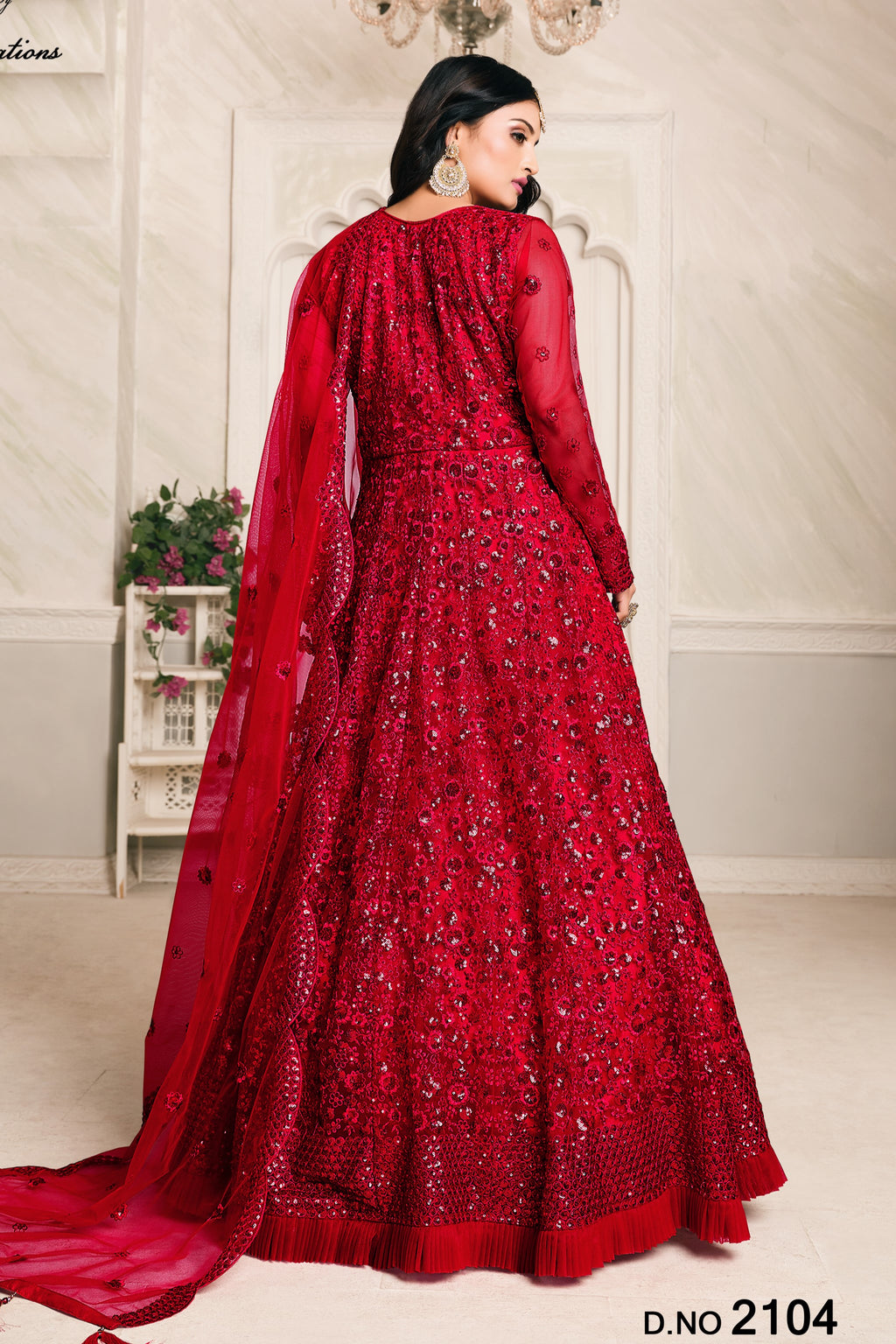Red Net Sequins Embroidery Anarkali Outfits for Mehndi