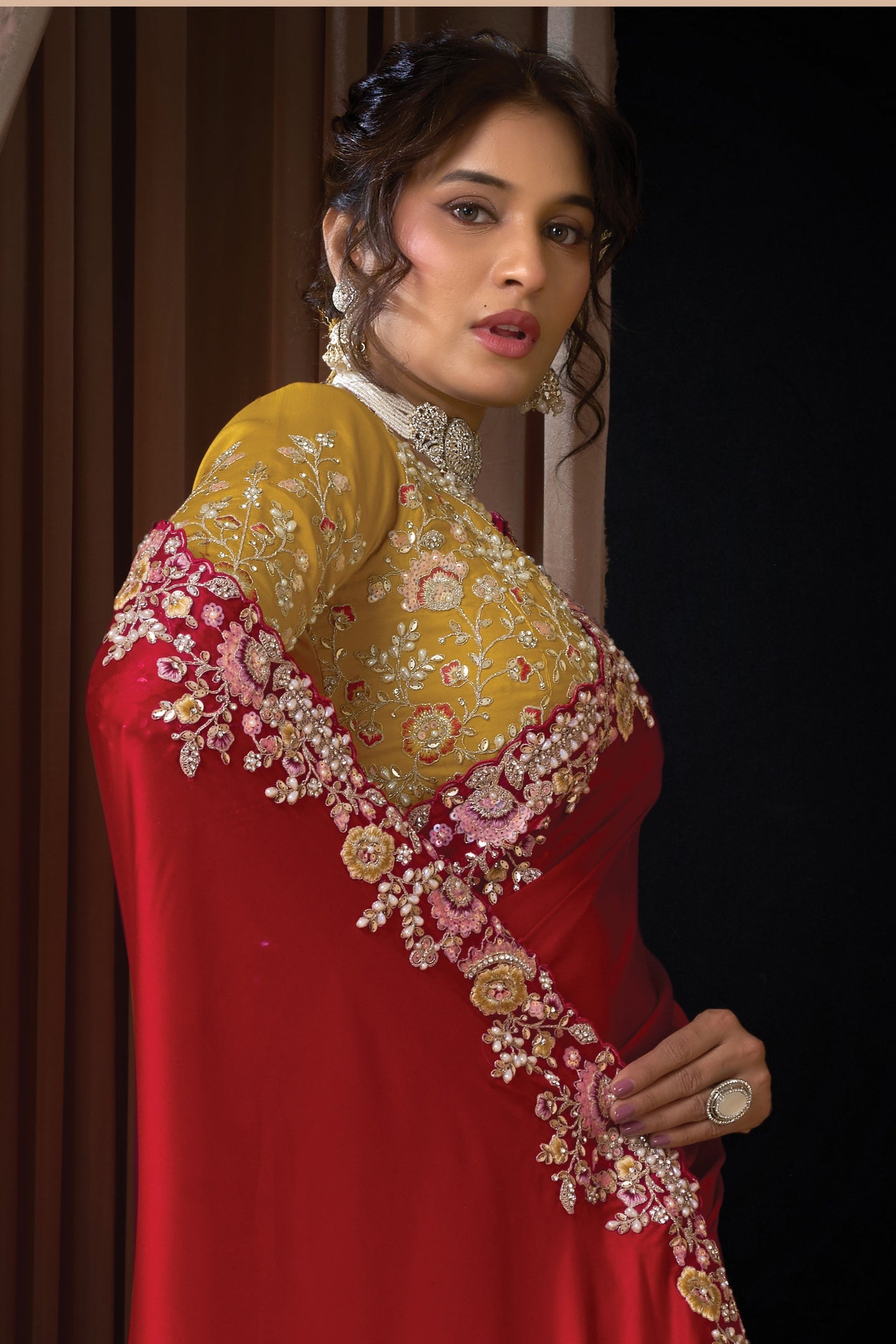 Red Satin Embroidery Saree for Wedding Guest - Thread Sequins Work