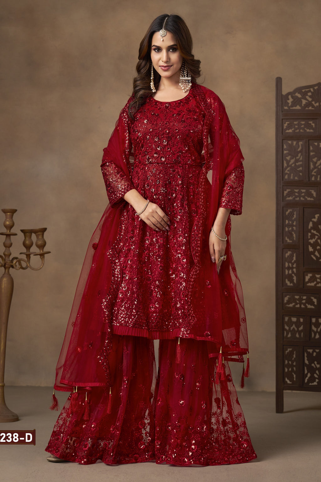 Red Net Palazzo with Thread and Sequins Work for Sangeet Outfits for Women