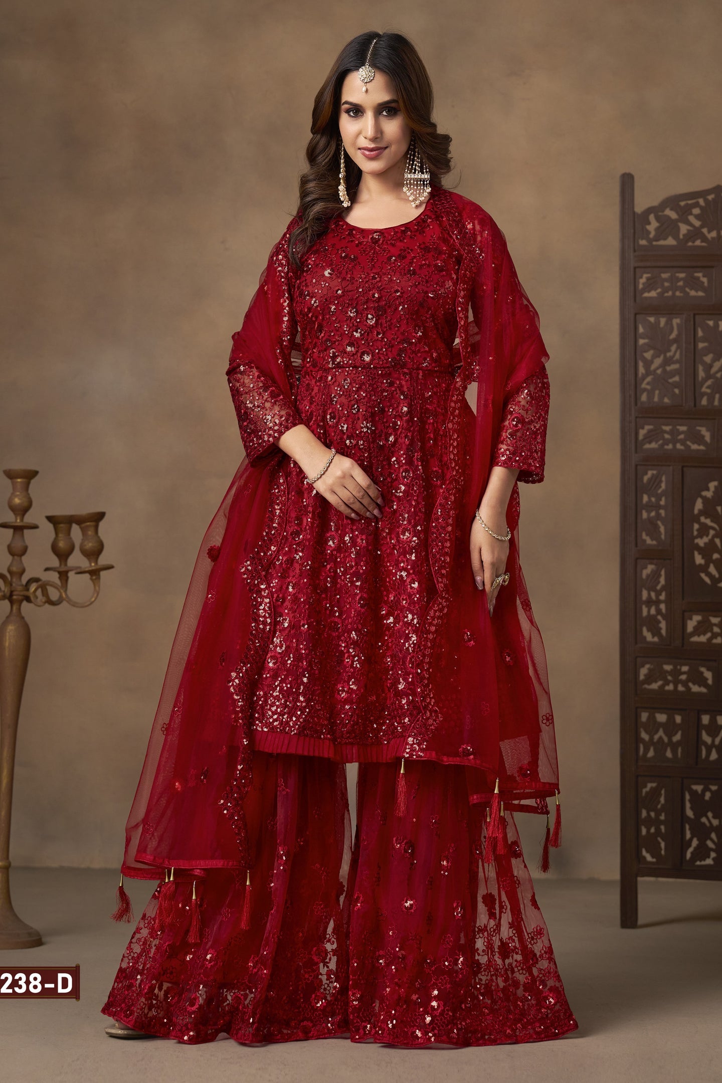Red Net Palazzo with Thread and Sequins Work for Sangeet Outfits for Women