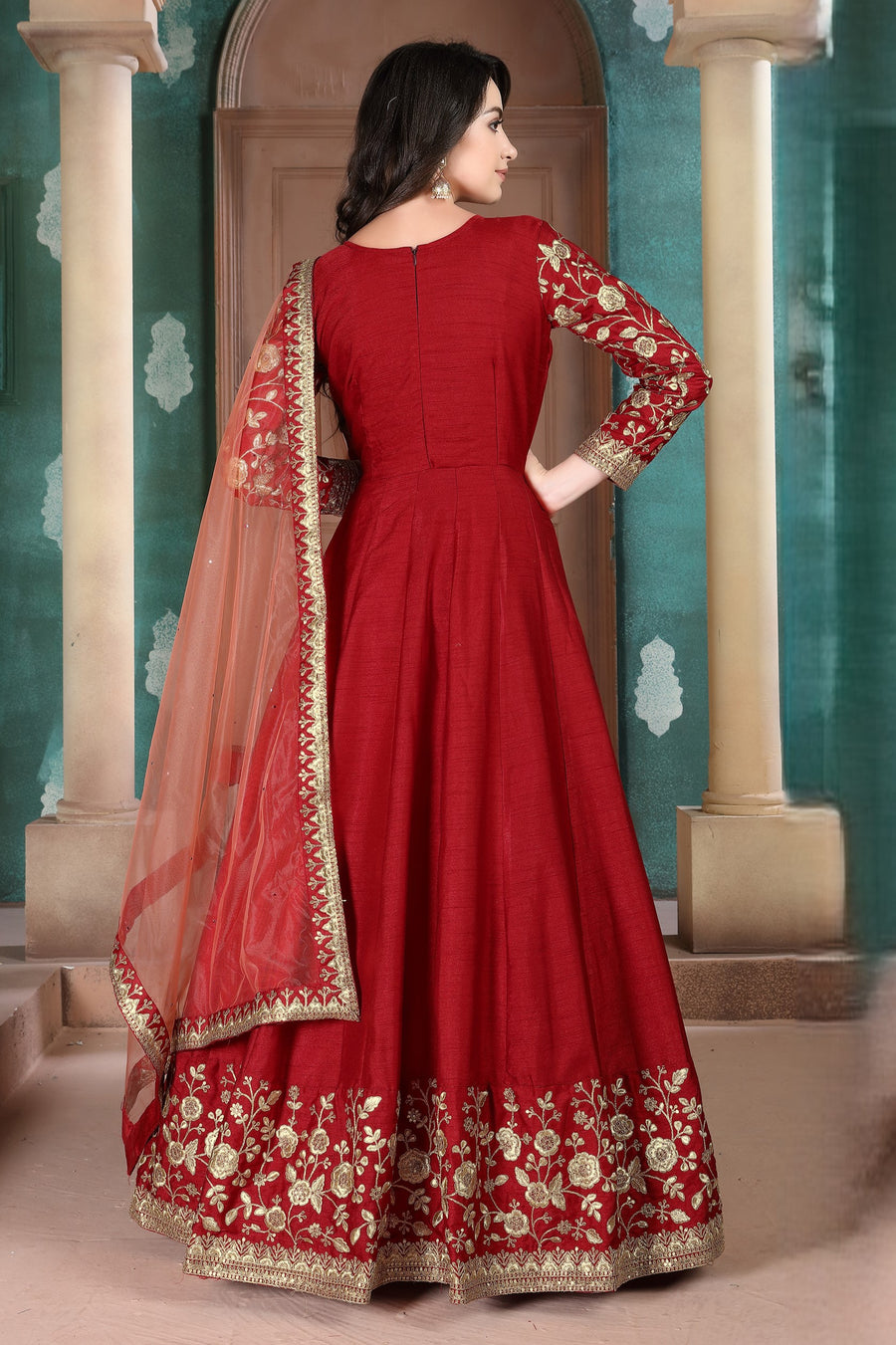 Red Chinon Silk Anarkali Indian Party Wear Dresses with Thread Embroidery Work