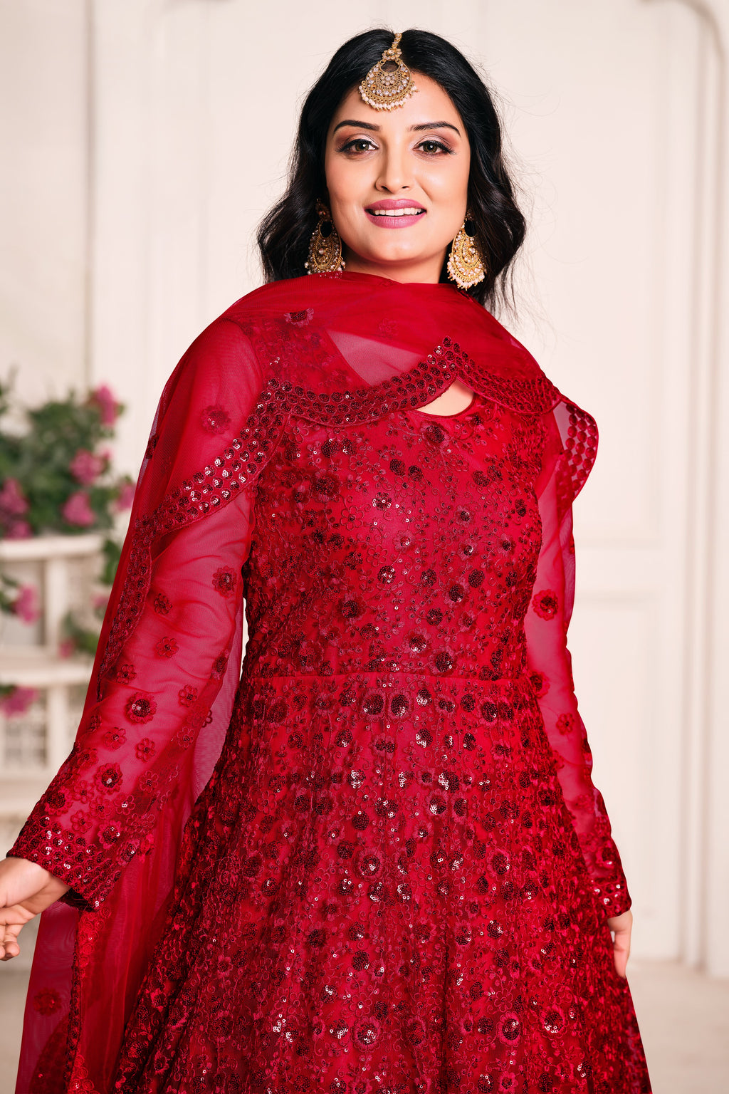 Red Net Sequins Embroidery Anarkali Outfits for Mehndi