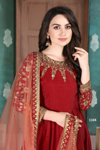 Red Chinon Silk Anarkali Indian Party Wear Dresses with Thread Embroidery Work