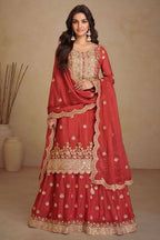 Red Chinon Silk Plazo Suit for Women with Mirror Work