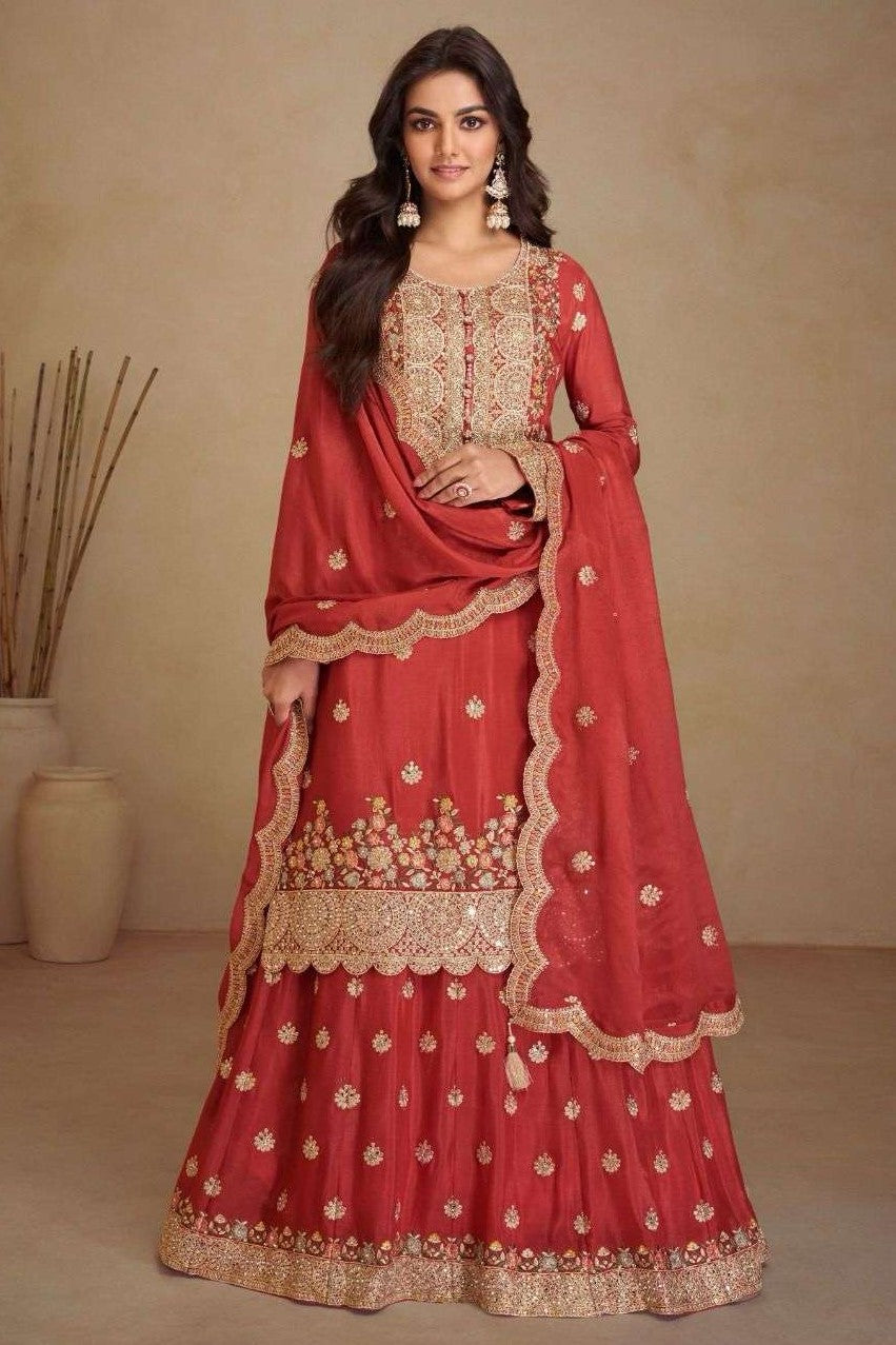 Red Chinon Silk Plazo Suit for Women with Mirror Work