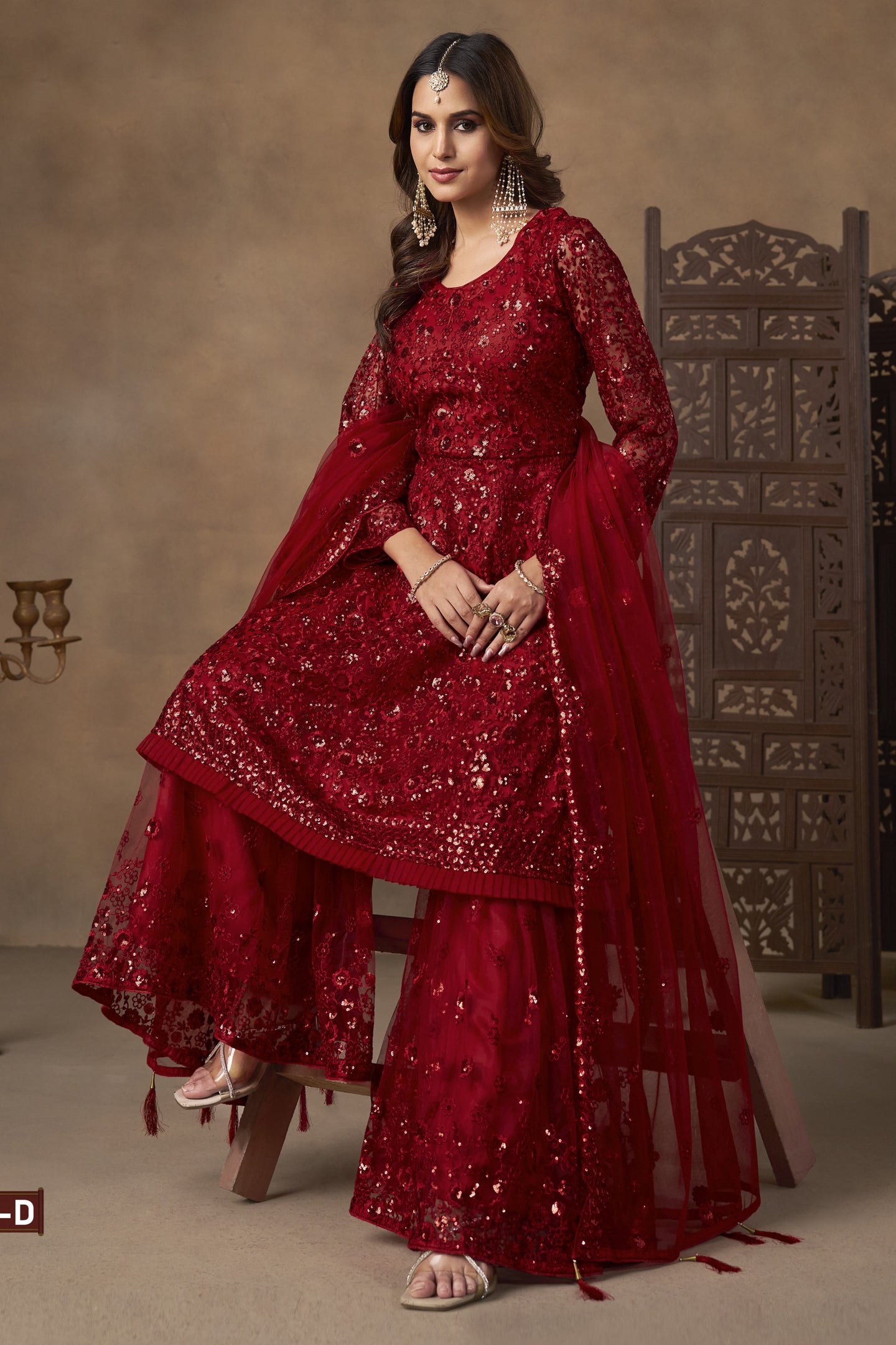 Red Net Palazzo with Thread and Sequins Work for Sangeet Outfits for Women