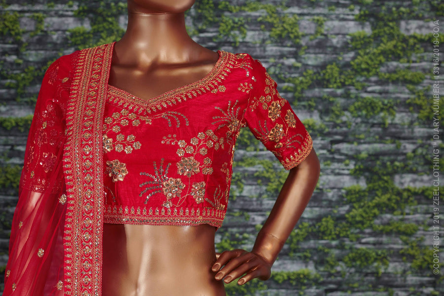 Red Slub Silk Lehenga Choli For Indian Festivals & Pakistani Weddings Dress - Sequence Embroidery Work, Zari Work