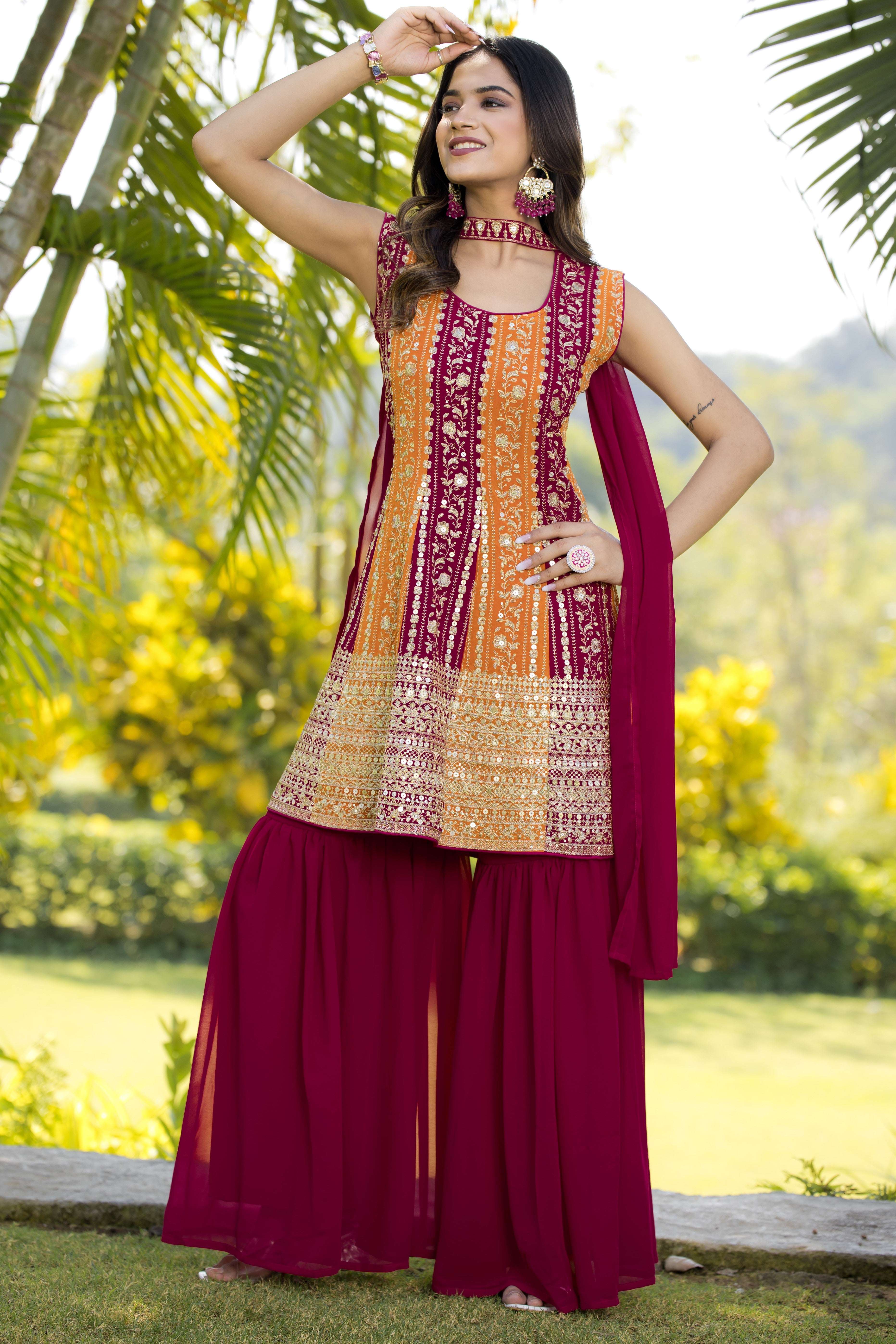 Red Maroon Georgette Sharara Suit For Women Indian Festivals & Weddings - Embroidery Work