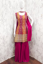 Reddish Maroon Georgette Sharara Suit For Women Indian Festivals & Weddings - Embroidery Work