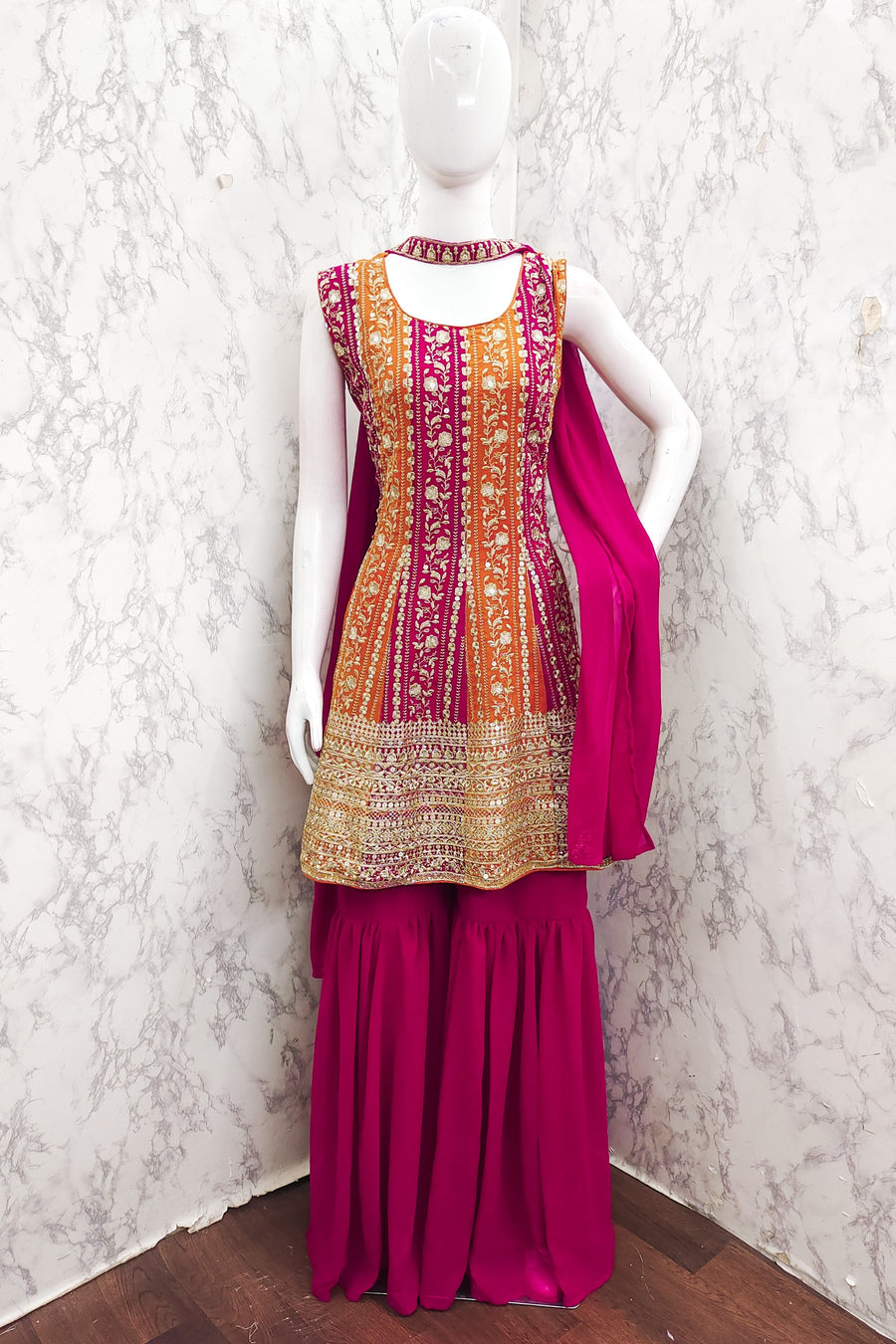 Reddish Maroon Georgette Sharara Suit For Women Indian Festivals & Weddings - Embroidery Work