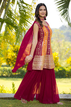 Red Maroon Georgette Sharara Suit For Women Indian Festivals & Weddings - Embroidery Work