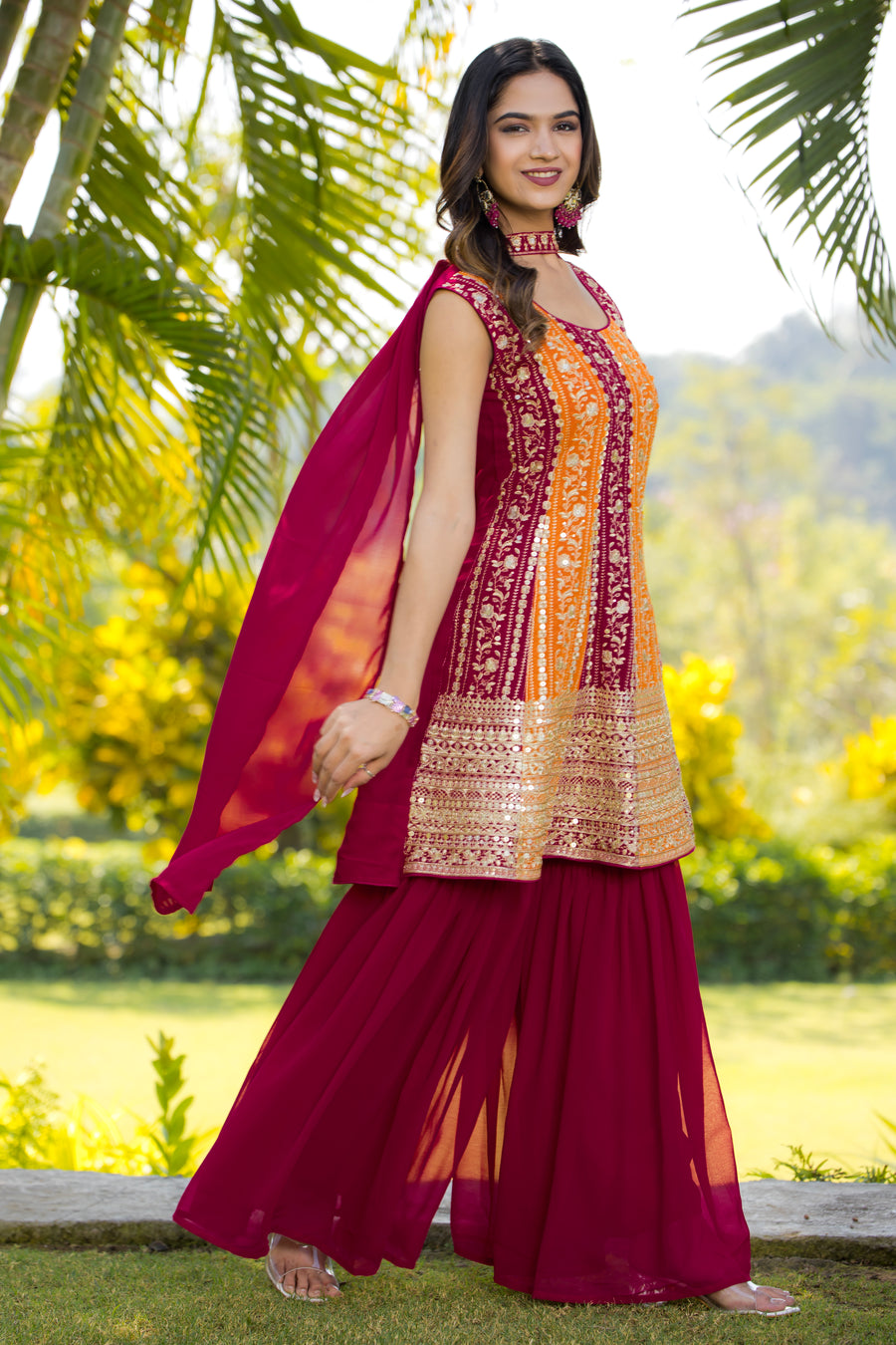 Red Maroon Georgette Sharara Suit For Women Indian Festivals & Weddings - Embroidery Work