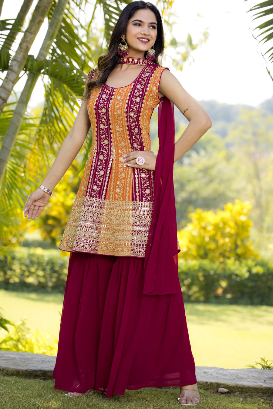 Red Maroon Georgette Sharara Suit For Women Indian Festivals & Weddings - Embroidery Work