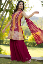 Red Maroon Georgette Sharara Suit For Women Indian Festivals & Weddings - Embroidery Work