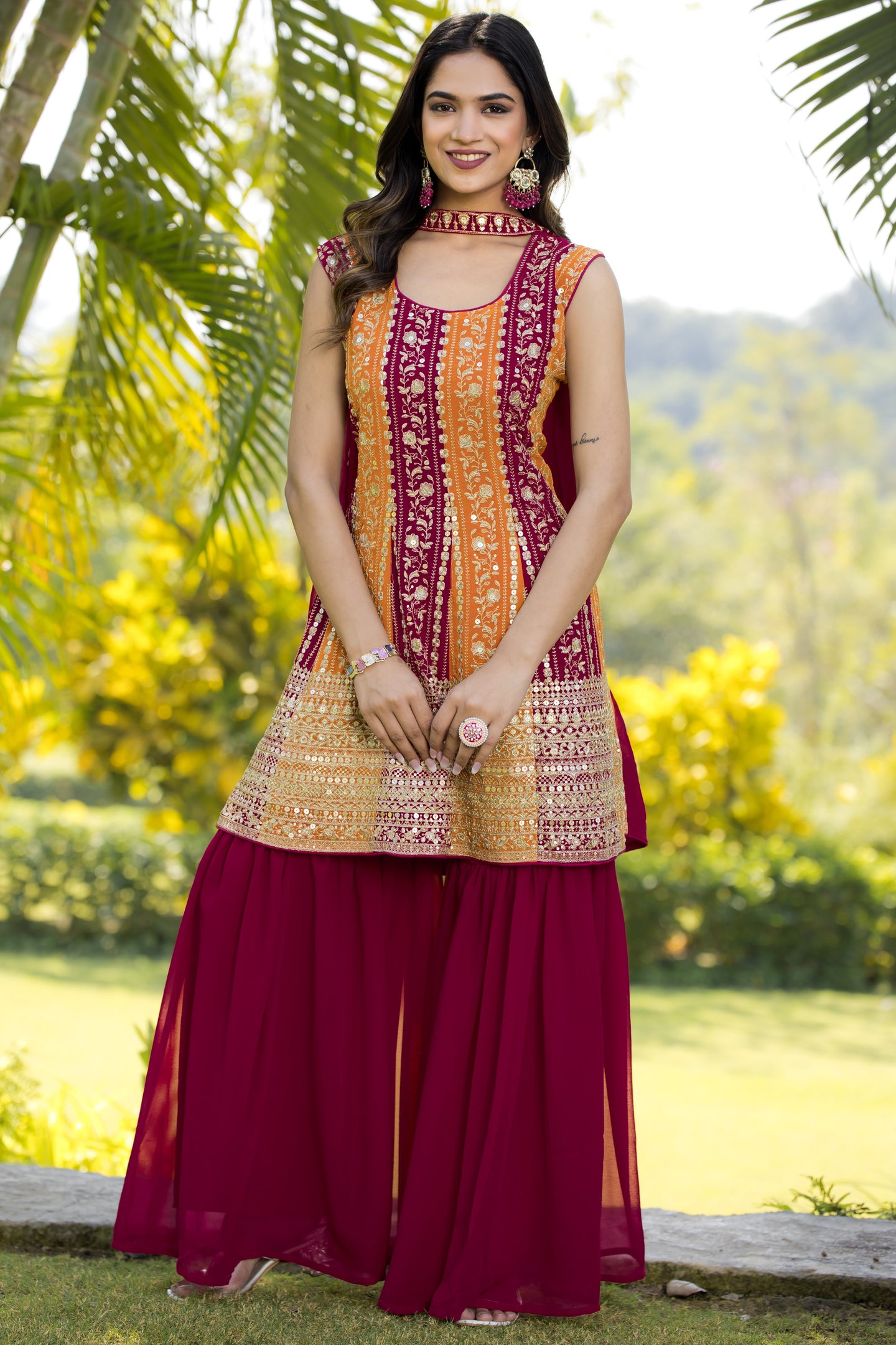 Red Maroon Georgette Sharara Suit For Women Indian Festivals & Weddings - Embroidery Work