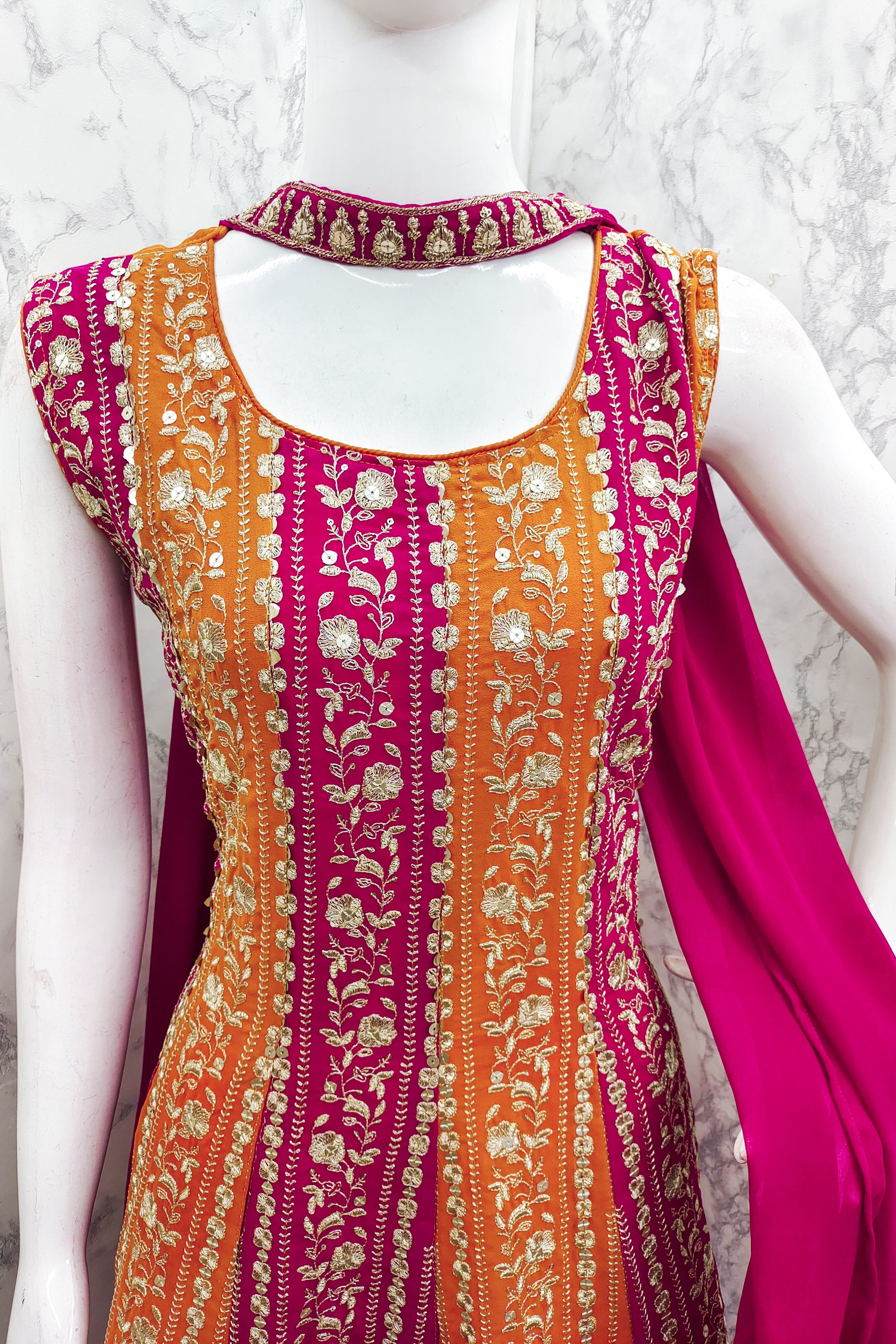 Reddish Maroon Georgette Sharara Suit For Women Indian Festivals & Weddings - Embroidery Work