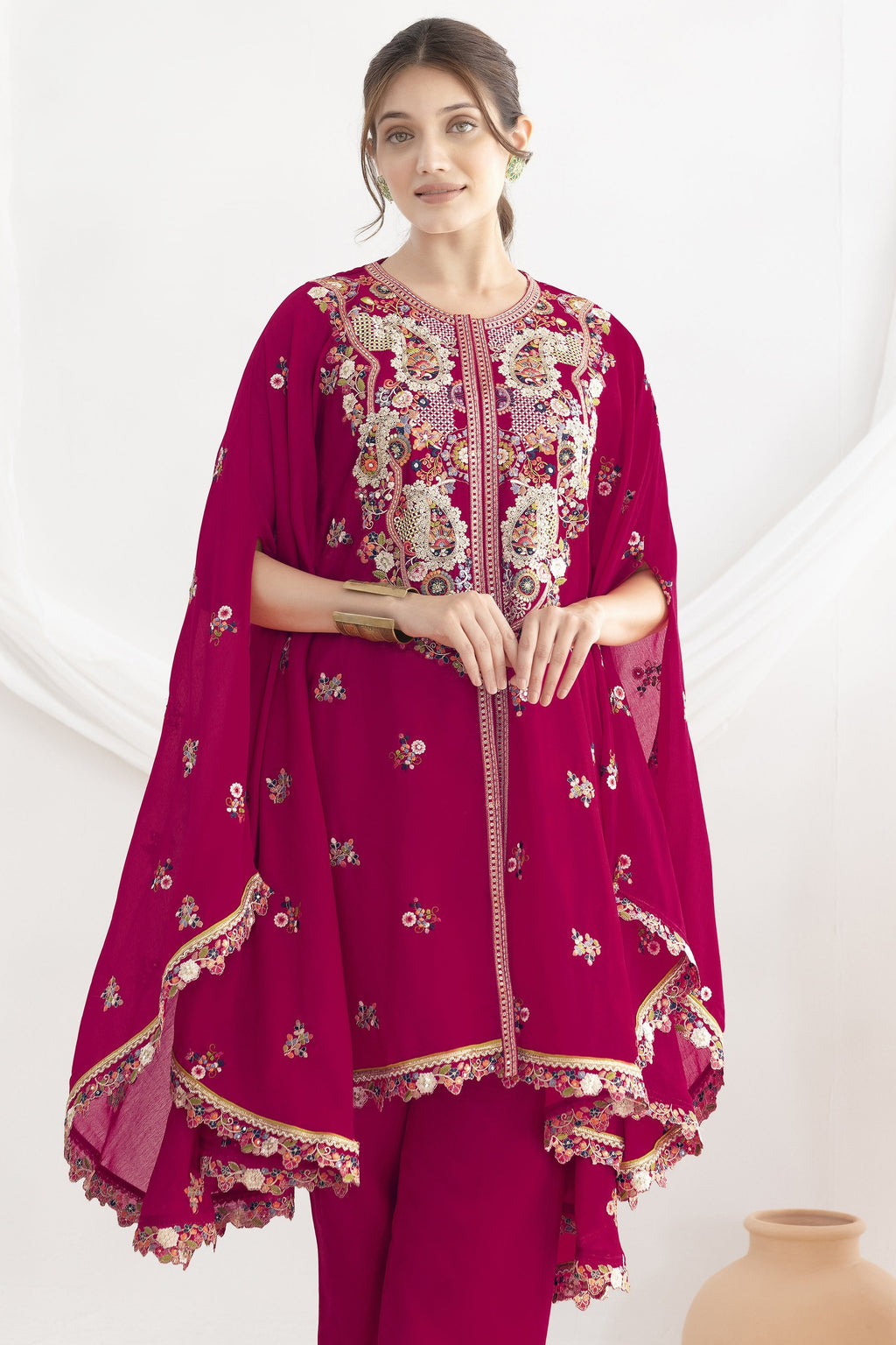 Reddish Pink Chinon Silk Kaftan With Pant For Indian & Pakistani Wedding Festival - Sequins & Thread Embroidery Work