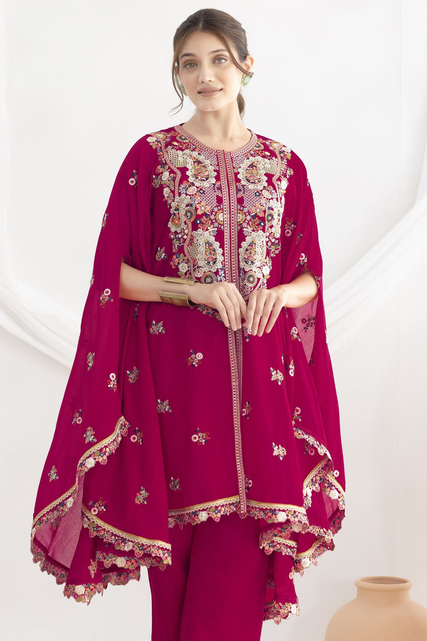 Reddish Pink Chinon Silk Kaftan With Pant For Indian & Pakistani Wedding Festival - Sequins & Thread Embroidery Work