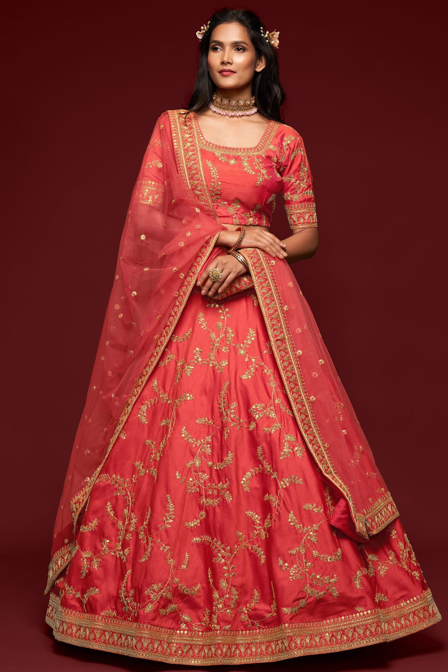 Reddish Pink Embroidered Lehenga with Art Silk Choli Dori Zari Work