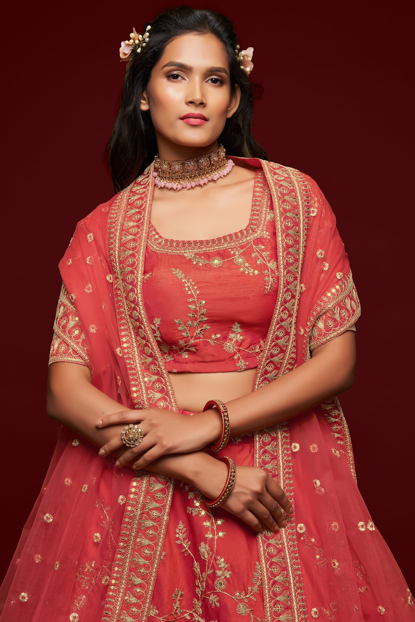 Reddish Pink Embroidered Lehenga with Art Silk Choli Dori Zari Work