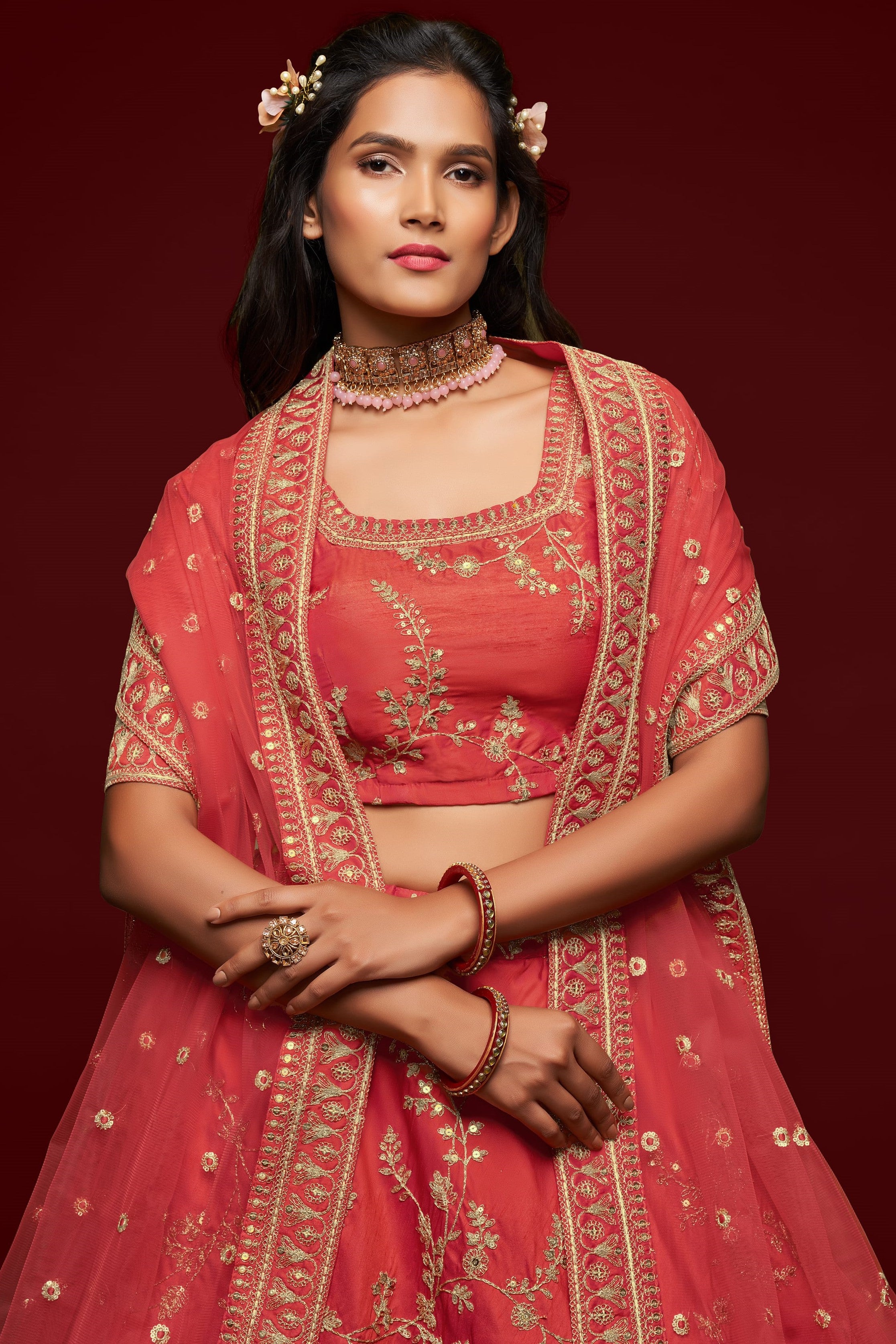 Reddish Pink Embroidered Lehenga with Art Silk Choli Dori Zari Work