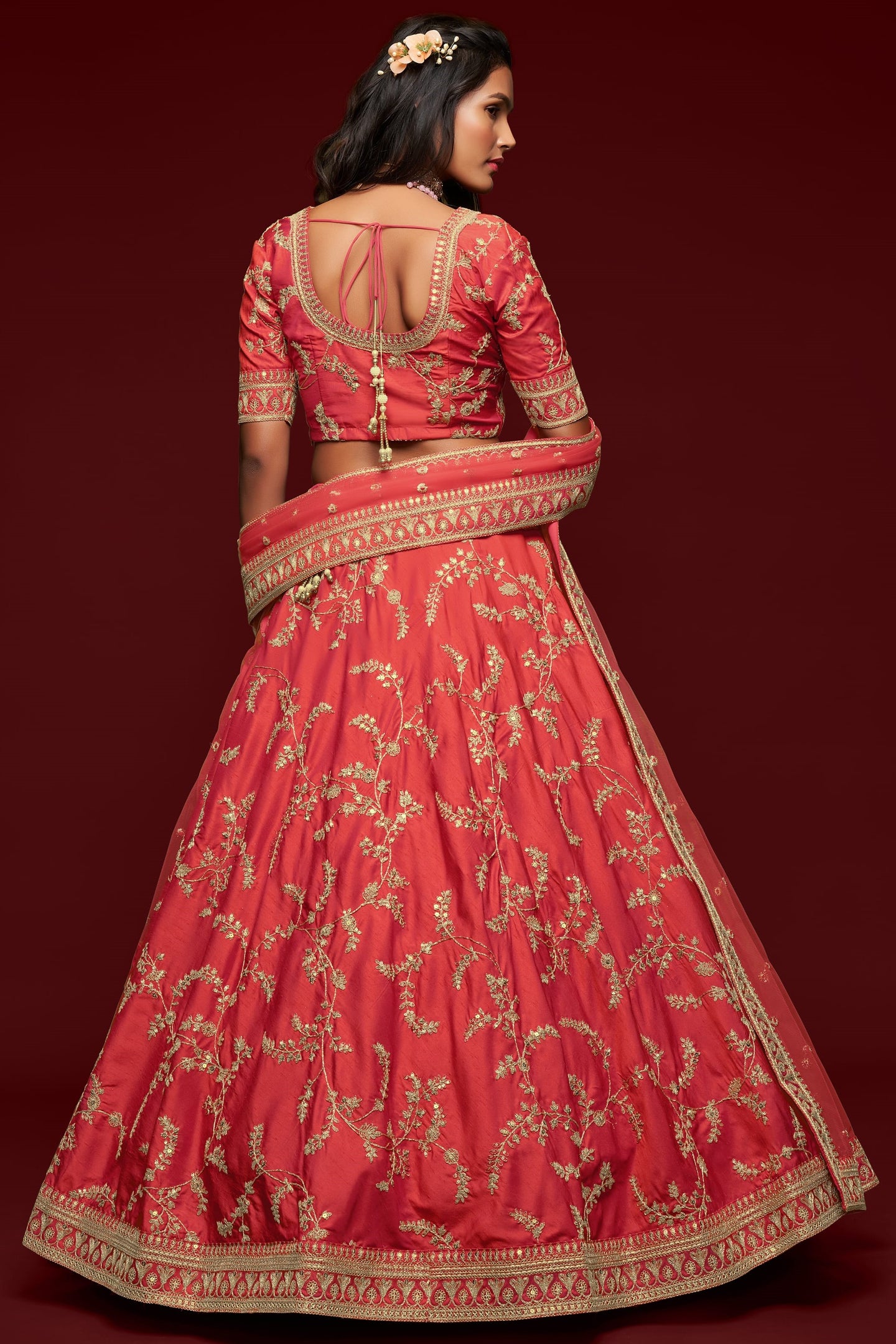 Reddish Pink Embroidered Lehenga with Art Silk Choli Dori Zari Work