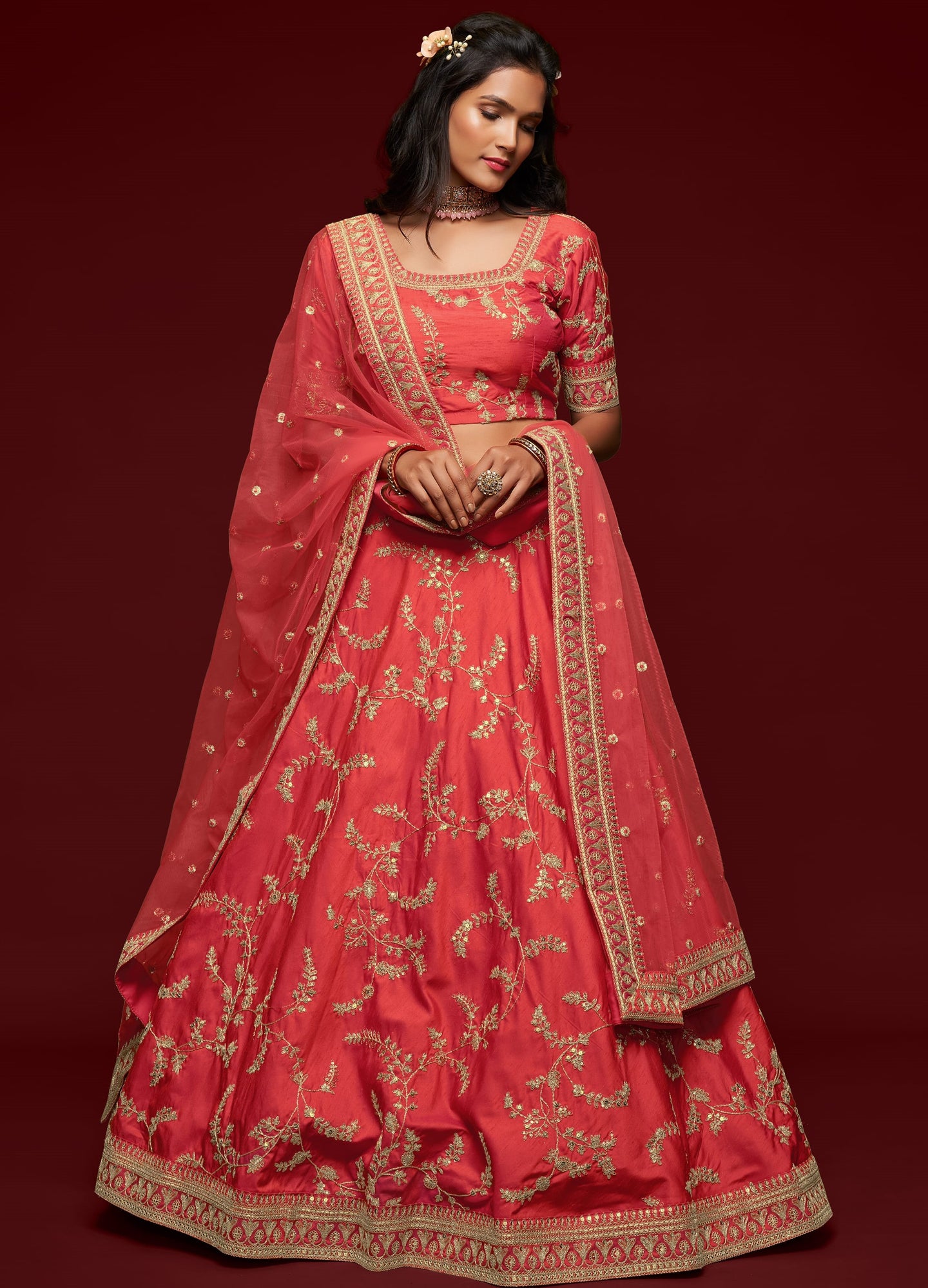 Reddish Pink Embroidered Lehenga with Art Silk Choli Dori Zari Work